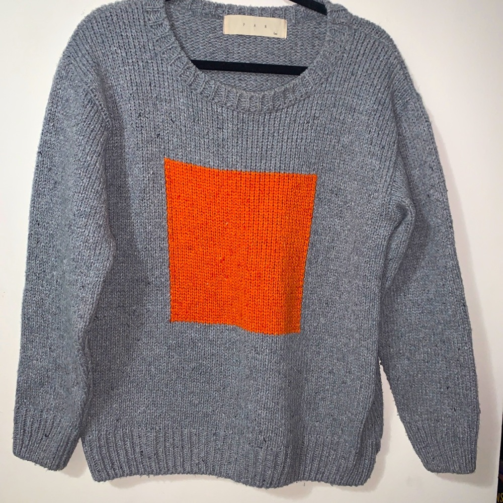 PAN sweater 50% Wool 50% Acrylic Grey W/ Orange Block Women’s Sz Large